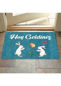 Resim Dijital Baskılı Kapı Önü Paspas Hoşgeldiniz Yazılı Çiçek Desen Ve Tavşan Iç Ve Dış Kapı Yıkanabilir Bej 