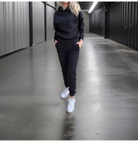 Resim Oversize İki İplik Şardonlu Beli Lastikli Kadın Eşofman Takımı-siyah Siyah 