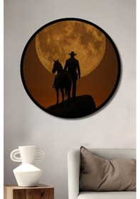 Resim Kovboy Ve Dev Ay Görünümlü Soyut Sanat Ahşap Tablo Yuvarlak Duvar Tablosu Çerçeve Görünümlü-34-4501--- 20 X 20 