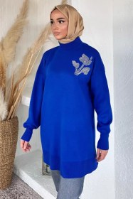 Resim Gülseli Taş İşlemeli Tesettür Triko Tunik Saksmavisi TZL-P-00020359 