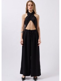 Resim Ahes Shopping Düşük Bel Oversize Keten Pantolon Siyah 