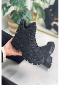 Resim Günlük Taşlı Kadın Bot Bağcıklı Oval Burun Rahat Hafif Yüksek Topuk Tırtıklı Kalın Taban Bootie 441 Siyah 