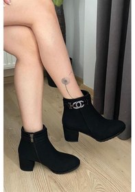Resim Kadın Siyah Zümrür Taşlı Tokalı 6 Cm Topuklu Oval Burun Bot Siyah Süet 
