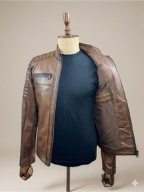 Resim Verra Hakiki Deri Kahverengi Eskitme Biker Erkek Mont - Kapitoneli Slim Fit Deri Ceket 