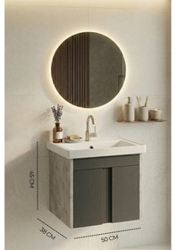 Resim Lavanta 50 Cm, Led Aynalı, Banyo Dolabı Seti, Seramik Lavabo Dahil, Mdf, Led'li Gümüş 