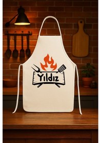 Resim Kişiye Özel Karikatür İsimli Mutfak Önlüğü Steak Şef Model Krem 