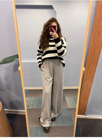 Resim OUZ Fashion Kadın Bel Lastikli Yırtmaç Detaylı Geniş Paça Keten Pantolon 