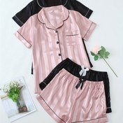 Resim Kadınlar için 2 Takım Çizgili Saten Rahat Pijama Takımı, Kısa Kollu Düğmeli Yaka Üst & Şort, Rahat Bol Kesim 
