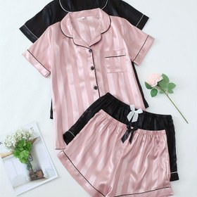 Resim Kadınlar için 2 Takım Çizgili Saten Rahat Pijama Takımı, Kısa Kollu Düğmeli Yaka Üst & Şort, Rahat Bol Kesim 