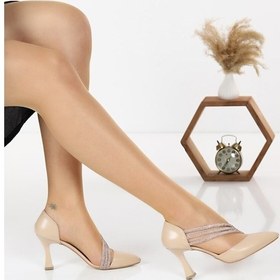 Resim Feles 140 Üç Şerit Taşlı Abiye Kadın Topuklu Ayakkabı Stiletto Ten-Rugan 