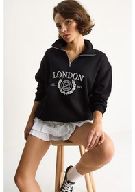 Resim Shade Kadın London İşlemeli Dik Yaka Fermuar Detaylı Şardonlu Oversize Sweatshirt 10003 60283529 - Siyah 