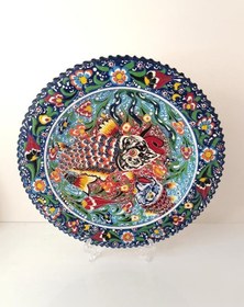 Resim Çini El Yapımı Kabartma Etnik Balık Desen Seramik Çini Tabak 30 Cm 