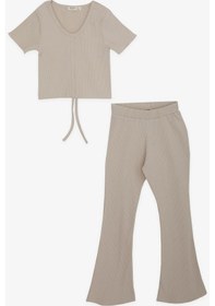 Resim Breeze Kız Çocuk İspanyol Paça Taytlı Crop Takım 5-10 Yaş, Bej-bej Bej 