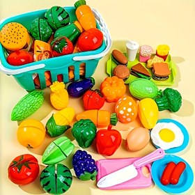 Resim Gençlerin meyve ve sebze kesme seti, yeniden kullanılabilir mutfak oyuncakları, mutfak plastik kesilmiş yiyecekler, kesilmiş meyve ve sebzeler mutfak oyuncakları, Noel, Şükran Günü hediyeleri 