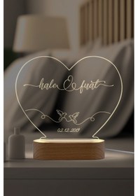 Resim Çiftler İçin Güvercin Motifli Kişiye Özel Led Gece Lambası Masif Ahşap Tabanlı Usb Kablolu Pleksi Led Gece Lambası 