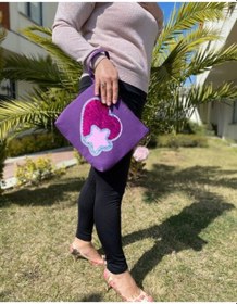 Resim Pembe Payetli Kalp Aplikeli Portföy Clutch El Çantası 25x29 Cm Renkli 