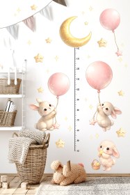 Resim Pembe Balonlu Tavşanlar - Ay Işığında Büyüme Yolculuğu | Boy Ölçer Çocuk Odası Duvar Sticker - 114x40 cm / Renkli / Boy Ölçer 
