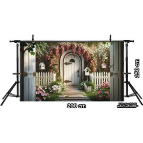 Resim Venspor Çiçekli Bahçe Kapısı ve Kuş Evleri Temalı Arkaplan 200x150cm Fon Duvar Örtüsü 