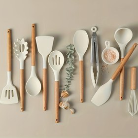 Resim 10 parça/set Mutfak için Silikon Pişirme Aletleri Seti, Ahşap Saplı Spatula Dönüştürücü Kaşık Maşa Çırpıcı ile Isıya Dayanıklı Yapışmaz Pişirme Seti 