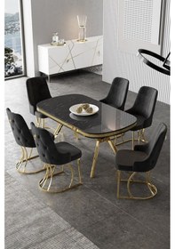 Resim Canisa Epal Serisi 90x168 Lak Panel Siyah Mermer Desen Masa Takımı Gold Ayaklı 6 Siyah Sandalye Masa Siyah Mermer Desen Sandalye Siyah 
