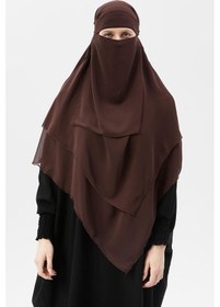 Resim Hazır Pratik Şifon Üç Katlı Peçeli Üçgen Hac Umre Şalı Sufle Hijab Nikap Kahve Rengi 
