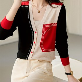 Resim Kadınlar için Şık Renk Bloğu Uzun Kollu Örgü Hırka - Rahat V-Yaka, Orta Esneklik, Normal Kalıp, Çok Yönlü İlkbahar ve Sonbahar Dış Giyim 