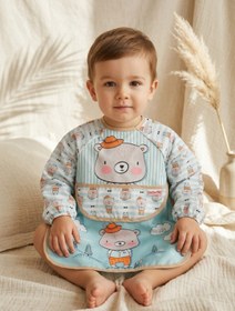 Resim melonika Little Gentleman Ayıcık Figürlü Uzun Kollu Bebek Mama Önlüğü - Sıvı Geçirmez, Leke Tutmaz ve Cepli B 