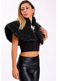 Resim Keyifli Moda Kadın Siyah Broşlu Kürk Etol Bolero 