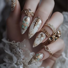 Resim 24 Parça NAIL NINA Retro Rokoko Tarzı Basınçlı Tırnaklar - Badem Şekilli Orta Boy Beyaz & Mavi Ombre Altın Detaylı, Zarif Desenler ve Taşlı Düğünler, Partiler, Galalar için Tırnak Takıları, Parti Aksesuarları 