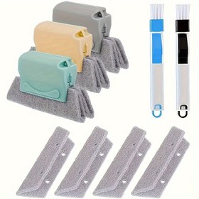 Resim 8 Parça Pencere Yuvası Temizleme Fırça Seti, 3 Yuva Fırçası, 2 Pencere Ray Fırçası, Faraş ve 3 Yedek Bez - Plastik Saplı Çok Bileşenli Yeniden Kullanılabilir Araç Kiti, Oturma Odası, Yatak Odası, Dış Mekan, Banyo, Mutfak için Uygun 