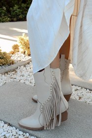 Resim POLKA STORE Deep Püskül Detaylı Troklu Kısa Acı Kahverengi Western Kadın Kovboy Çizme 