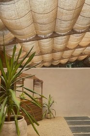 Resim Doğal Jüt Rustik Tente - Kanaviçe Dokulu Kumaş, Teleskopik Sistem Uyumlu, Açılır Kapanır, Bahçe Teras Kafe için, Bej/Hasır Renk (1.5 m x 5 m) 