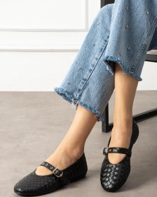 Resim Shoetek Masvi Kadın Babet Önden Bantlı Tokalı Örgü Dokumalı Siyah Deri Siyah 