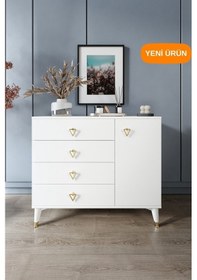 Resim Simple 4 Çekmeceli 1 Kapaklı Modern Şifonyer Beyaz Gold Beyaz - Gold 