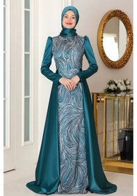 Resim Raika Moda Taş Baskı Tasarım Saten Miray Abiye Zümrüt 