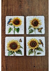 Resim Doğal Taş Bardak Altlığı - Ayçiçeği, Kuş & Kelebek Temalı Stone Coasters Çok Renkli 