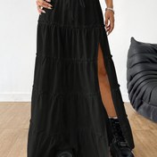Resim Şık Tarz| Şık Kadınlar İçin Yüksek Bel Maksi Etek - Siyah Polyester/Spandex Karışımı, Fırfırlı Detay, Yan Yırtmaç, Makinede Yıkanabilir, İlkbahar/Yaz/Sonbahar Modası İçin İdeal 