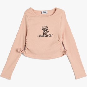 Resim Koton Köpek Baskılı Tişört Yanları Büzgülü Bağlamalı Uzun Kollu Bisiklet Yaka Pamuklu Pembe 5wkg10558ak Pembe 