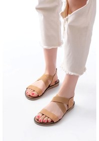 Resim 205-04 Bej Tek Bantlı Lastikli Hakiki Deri Ortopedik Taban Kadın Sandalet Bej 