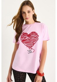 Resim Shade Kadın Pamuklu Kısa Kollu Bisiklet Yaka Kalp Nakışlı T-shirt 60602028 - Pembe 