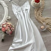 Resim Kadınlar İçin Seksi V Yaka Dantel Detaylı Spagetti Askılı Gecelik - Saten Gibi Yumuşak Kolsuz Uzun Kollu, Makinede Yıkanabilir Her Mevsim Şık Pijama Elbisesi, Cazibeli Tasarım, Pürüzsüz Saten Dokuma, Kaliteli İşçilik 