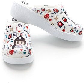 Resim Drmoon Hemşire Desenli Dolgu Taban Hakiki Deri Kadın Sabo Terlik Beyaz 