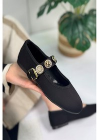 Resim Günlük Kadın Babet İnci Bantlı Ayarlanabilir Tokalı Oval Burunlu Hafif Rahat Ayakkabı 379 Siyah Süet 