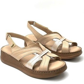 Resim Kindep Clavi Hakiki Deri Poli Hafif Taban Comfort Günlük Kadın Sandalet Bej Bej 