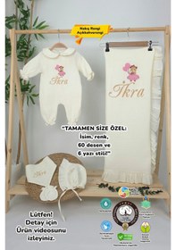 Resim Gros Shop Müslin Yeni Doğan 4katlı Organik %100pamuk Kişiye Özgü Nakışlı Hastane Çıkış Seti Ayıcık Model-5 Ekru 