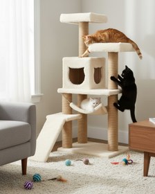 Resim Reyo Pet S-9 Kedi Tırmalama Kulesi Platformlu 124 cm Beyaz 