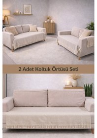 Resim 2 Adet Pamuklu Koltuk Örtüsü 115x200 Cm Çekyat Ve Kanepeler İçin Koruyucu Önden Saçaklı Kaymaz Bej 