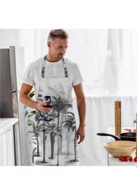 Resim Siyah Palmiye Ağaçlar Tasarımlı Mutfak Önlüğü Keten Kumaş, Ulusl. Yıkama Ve Solmama Sertifikası Çok Renkli 