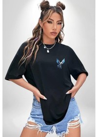 Resim Mavi Beyaz Kartal Kuş Siyah Oversize Unisex Ön Sol Yan Minimal Baskılı Tişört Koyu Siyah 