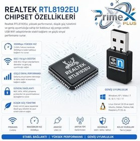 Resim PrimeX PX-WF3 Realtek RTL8192EU 300Mbps Wifi Adaptör, 300Mbps USB Wireless Adaptör, 2.4G Wifi Dongle, USB Wifi Alıcı (Win10/11/Linux Tak Çalıştır) 